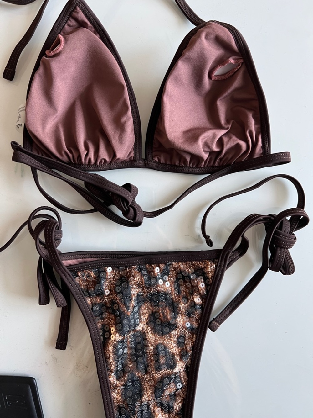 Brown Sequin Leopard Tie-Side Bikini - Women - Picture 5 of 8